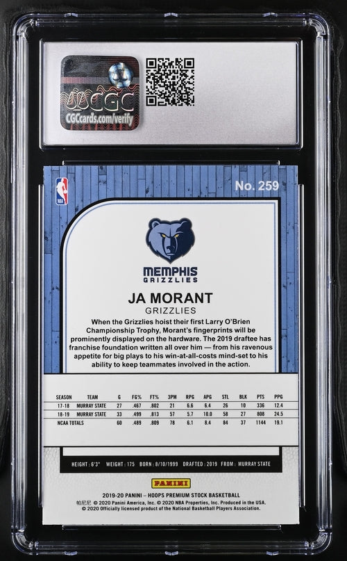 2019-20 Panini Hoops Premium Stock #259 Ja Morant CGC 9 (Rookie)