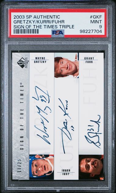 2003-04 SP Authentic Sign of the Times #GKF Wayne Gretzky/Jari Kurri/Grant Fuhr #11/25 PSA 9