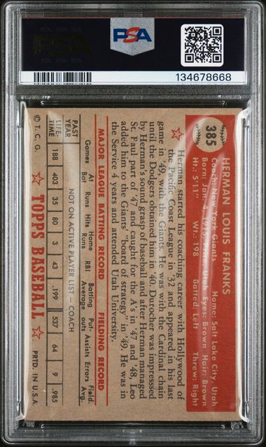 1952 Topps #385 Herman Franks PSA 1