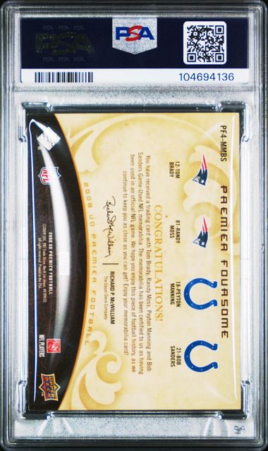 2008 Upper Deck Premier Foursome Jersey Parallel #MMBS Tom Brady/Randy Moss/Peyton Manning/ Bob Sanders #09/15 PSA 8