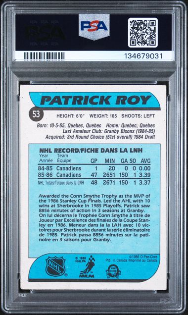 1986-87 O-Pee-Chee #53 Patrick Roy PSA 4 (Rookie)