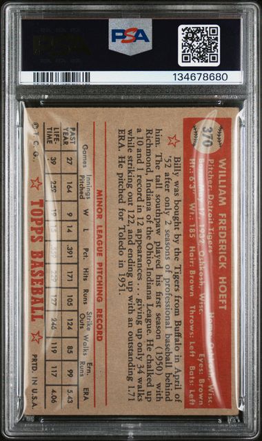 1952 Topps #370 Billy Hoeft PSA 3