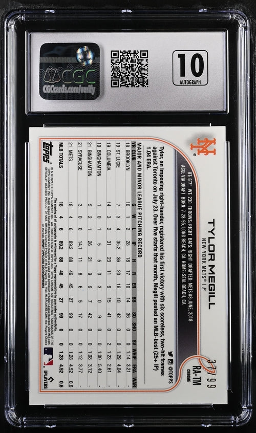 2022 Topps Chrome Rookie Autographs Green Refractor #RA-TM Tylor Megill #37/99 CGC 10 (Auto 10) (Rookie)