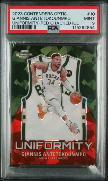 2023-24 Panini Contenders Optic Uniformity Red Cracked Ice #10 Giannis Antetokounmpo #037/175 PSA 9