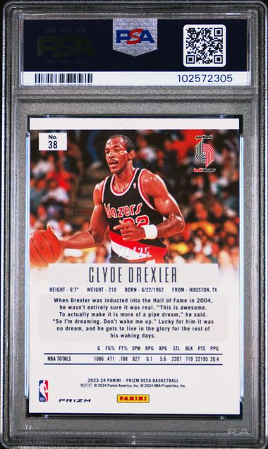 2023-24 Panini Prizm Deca Mojo Prizm #38 Clyde Drexler #21/25 PSA 10