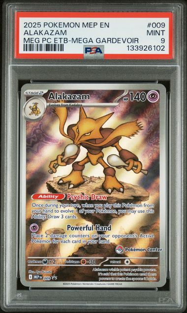 2025 Pokemon Mega Evolutions Pokemon Center Mega Gardevoir ETB Promo #009 Alakazam PSA 9