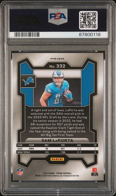 2023 Panini Prizm Orange Lazer #332 Sam LaPorta PSA 10 (Rookie) | Eastridge Sports Cards