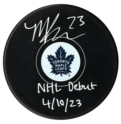 Matthew Knies Autographed Toronto Maple Leafs Debut Inscribed Puck (COJO Sports)