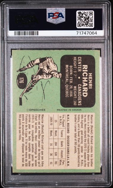 1970-71 O-Pee-Chee #176 Henri Richard PSA 8