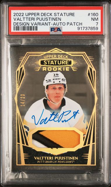 2022-23 Stature Design Variant Auto Patch #160 Valtteri Puustinen #014/20 PSA 7 (Rookie)
