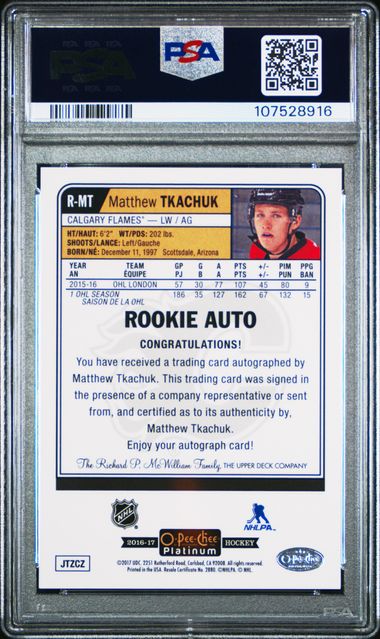 2016-17 O-Pee-Chee Rookie Autographs #RMT Matthew Tkachuk PSA 10 (Rookie)