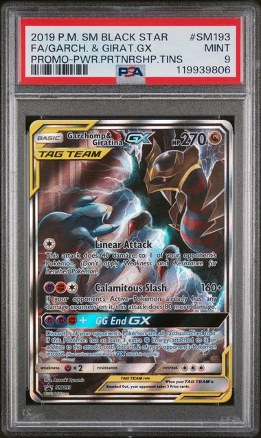 2019 Pokemon Tag Team Power Partnership Tins Promo #SM193 Garchomp & Giratina GX- Full Art PSA 9