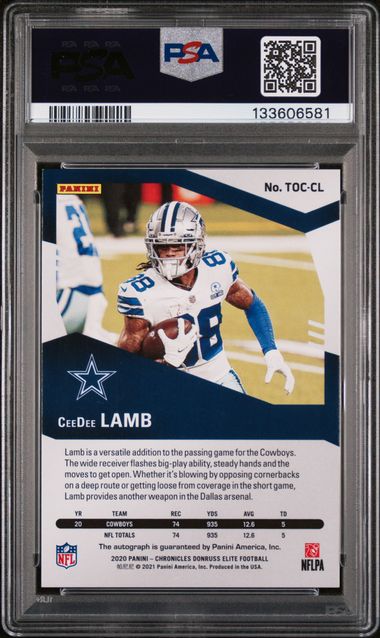 2020 Panini Chronicles Elite Turn of the Century Autograph Purple #CL CeeDee Lamb #13/49 PSA 9 (Rookie)