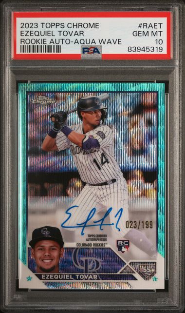2023 Topps Chrome Rookie Autograph Aqua Wave Refractor #RAET Ezequiel Tovar #023/199 PSA 10 (Rookie)