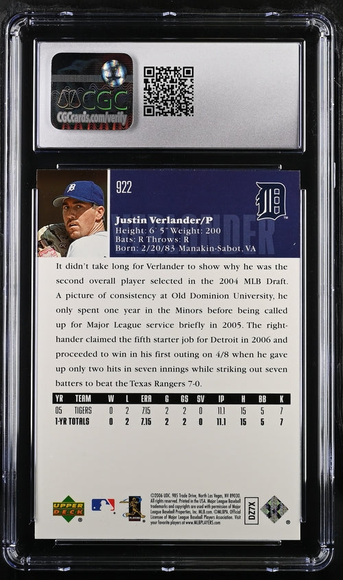 2006 Upper Deck #922 Justin Verlander CGC 10 (Rookie)