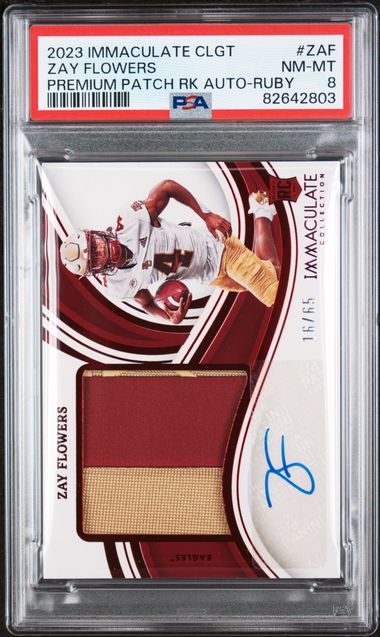 2023 Panini Immaculate Collegiate Premium Patch Rookie Auto Ruby #ZAF Zay Flowers #16/65 PSA 8