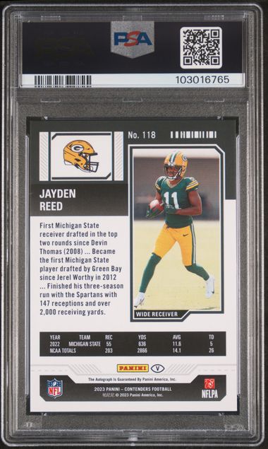 2023 Panini Contenders Variation Red Zone FOTL #118 Jayden Reed PSA 10 (Rookie)