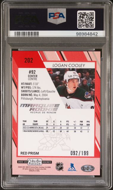 2023-24 O-Pee-Chee Platinum Red Prism #202 Logan Cooley #092/199 PSA 9 (Rookie)