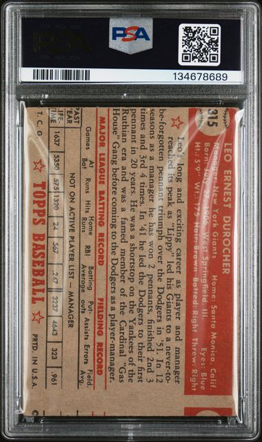 1952 Topps #315 Leo Durocher PSA 3(MC)