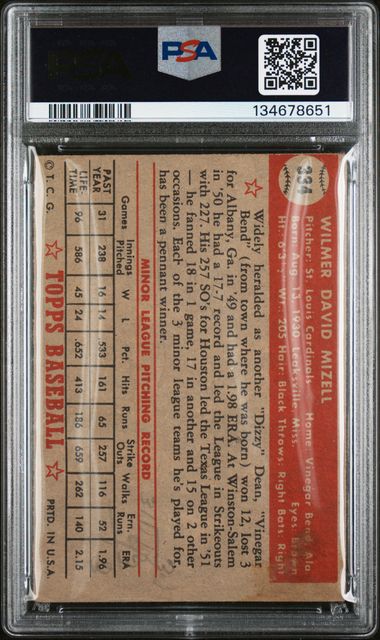 1952 Topps #334 Wilmer Mizell PSA 2(MK)