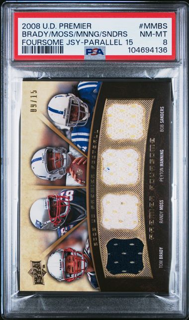 2008 Upper Deck Premier Foursome Jersey Parallel #MMBS Tom Brady/Randy Moss/Peyton Manning/ Bob Sanders #09/15 PSA 8