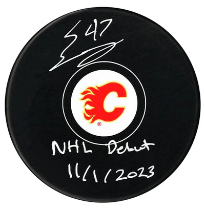 Connor Zary Autographed Calgary Flames Debut Inscribed Puck (COJO Sports)