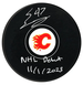 Connor Zary Autographed Calgary Flames Debut Inscribed Puck (COJO Sports)