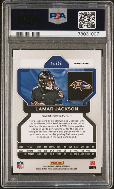 2021 Panini Prizm Neon Green Pulsar #282 Lamar Jackson PSA 10