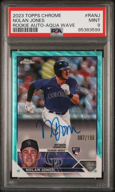 2023 Topps Chrome Rookie Autograph Aqua Wave Refractor #RANJ Nolan Jones #087/199 PSA 9 (Rookie)
