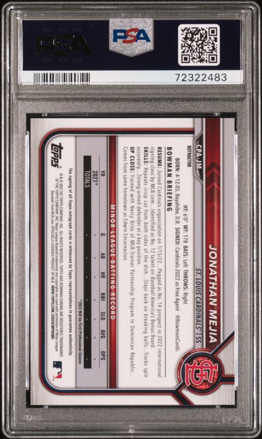 2022 Bowman Chrome Prospect Autograph Refractor #CPAJM Jonathan Mejia #201/499 PSA 10