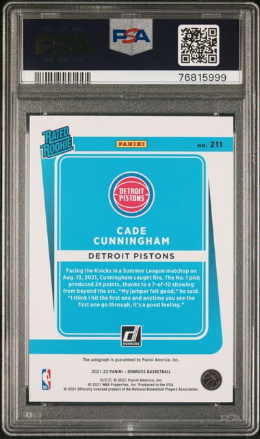 2021-22 Donruss Holo Teal Laser Signature #211 Cade Cunningham PSA 10 (Rookie)