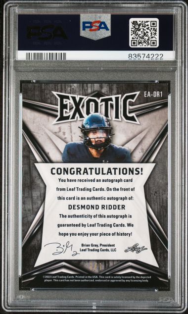 2022 Leaf Exotic Autograph Crocodile #EADR1 Desmond Ridder #1/1 PSA 9(Auto 10) (Rookie)