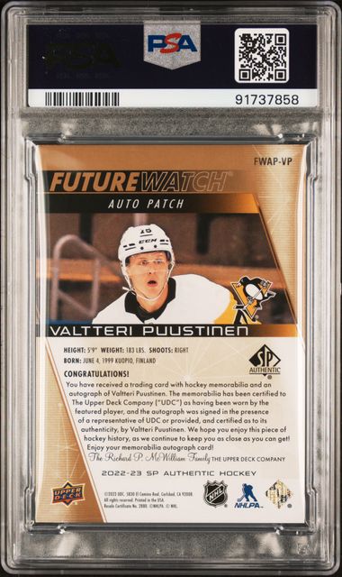 2022-23 SP Authentic Future Watch Auto Patch #FWAPVP Valtteri Puustinen #087/100 PSA 9 (Rookie)