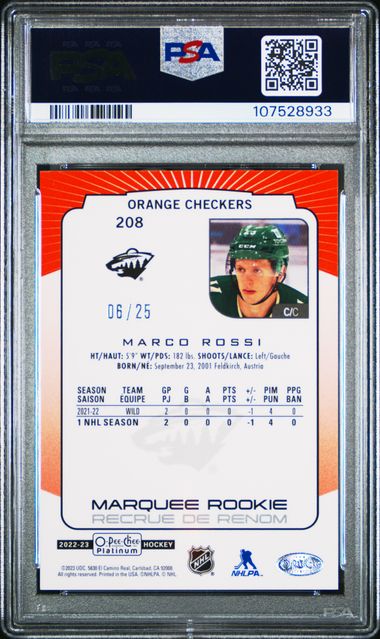 2022-23 O-Pee-Chee Platinum Orange Checkers #208 Marco Rossi #06/25 PSA 10 (Rookie)