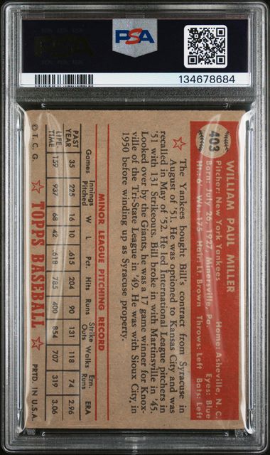 1952 Topps #403 Bill Miller PSA 3