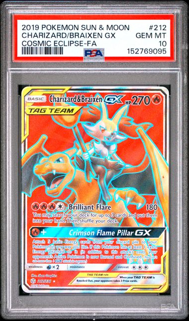 2019 Pokemon Cosmic Eclipse #212 Charizard & Braixen GX - Full Art PSA 10