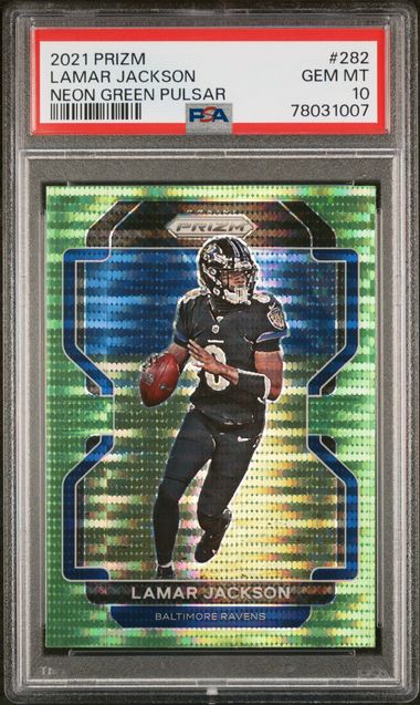 2021 Panini Prizm Neon Green Pulsar #282 Lamar Jackson PSA 10