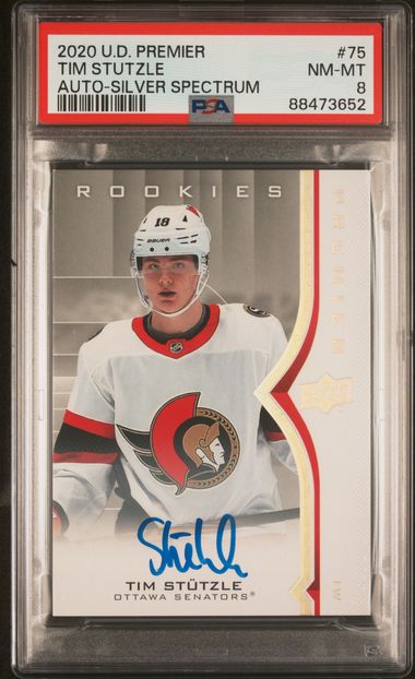 2020-21 Upper Deck Premier Autographs Silver Spectrum #75 Tim Stutzle PSA 8 (Rookie)