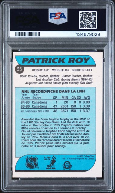 1986-87 O-Pee-Chee #53 Patrick Roy PSA 5 (Rookie)