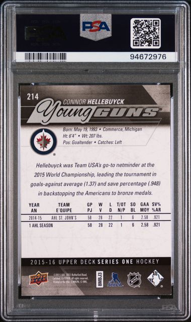 2015-16 Upper Deck #214 Connor Hellebuyck PSA 10 (Rookie)