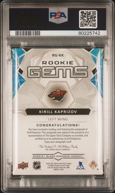 2020-21 Black Diamond Rookie Gems Pure Black Signature #RG-KK Kirill Kaprizov #03/99 PSA 9 (Rookie)