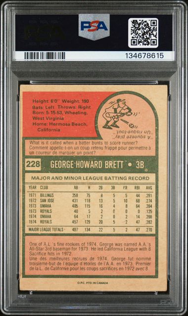 1975 O-Pee-Chee #228 George Brett PSA 4 (Rookie)
