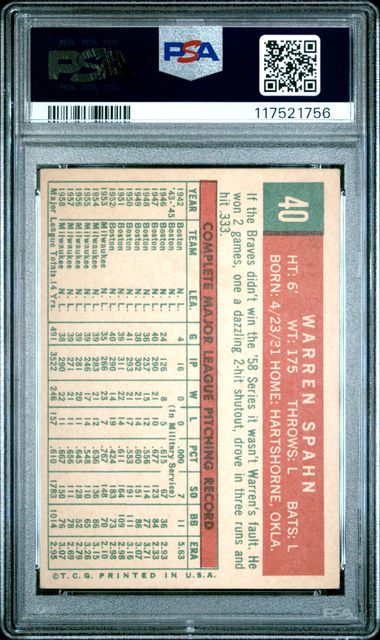 1959 Topps #40 Warren Spahn PSA 4