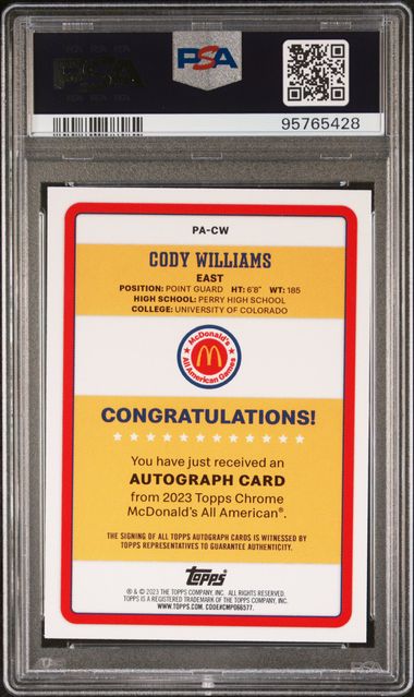 2023 Topps Chrome McDonald's All American Gameday Paper Auto #PACW Cody Williams PSA 10 | Eastridge Sports Cards