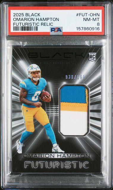 2025 Panini Black Futuristic Relic #FUT-OHN Omarion Hampton #038/199 PSA 8 (Rookie)