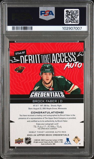 2023-24 Upper Deck Credentials Debut Ticket Access Autographs Red #DTAABF Brock Faber #34/99 PSA 9 (Rookie) | Eastridge Sports Cards