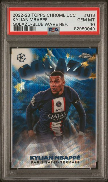 2022-23 Topps Chrome UEFA Club Competitions Golazo Blue Wave Refractors #G13 Kylian Mbappe #41/75 PSA 10 | Eastridge Sports Cards