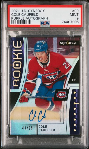 2021-22 Upper Deck Synergy Purple Autograph #99 Cole Caufield #43/99 PSA 9 (Rookie)
