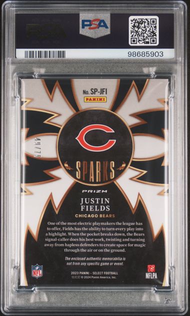 2023 Panini Select Sparks Memorabilia White Prizm #SPJFI Justin Fields #49/75 PSA 9