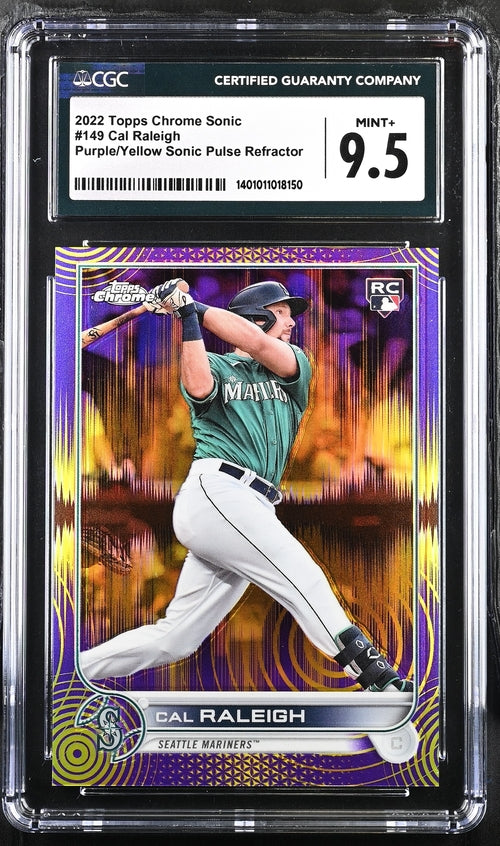 2022 Topps Chrome Sonic Purple/Yellow Sonic Pulse Refractor #149 Cal Raleigh #211/299 CGC 9.5 (Rookie)